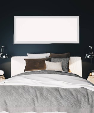 Siyah duvar, yatak ve çerçeveli yatay poster bir modern lüks yatak odası iç. 3D render alay