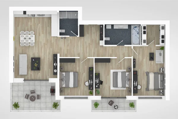 Plattegrond Van Een Huis Bovenaanzicht Illustratie Open Concept Living Appartement — Stockfoto