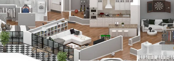 Floor plan of a house view 3D illustration. Open concept living apartment layout