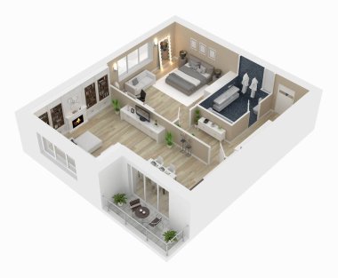 Kat planı üstten görünüm. Beyaz arka plan üzerinde izole daire iç. 3D render