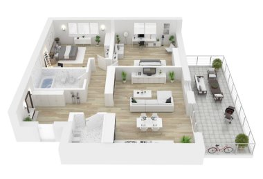 Kat planı üstten görünüm. Beyaz arka plan üzerinde izole daire iç. 3D render