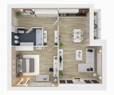 Kat planı üstten görünüm. Beyaz arka plan üzerinde izole daire iç. 3D render