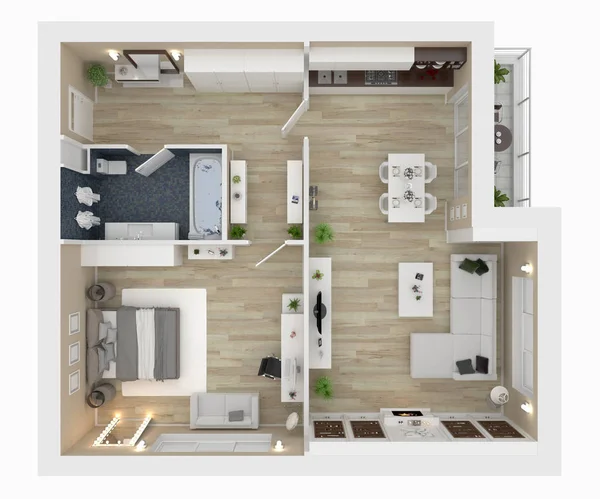 Vista Dall Alto Appartamento Interno Isolato Sfondo Bianco Rendering — Foto Stock