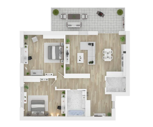 Planritning Ovanifrån Lägenhet Interiör Isolerad Vit Bakgrund Render — Stockfoto