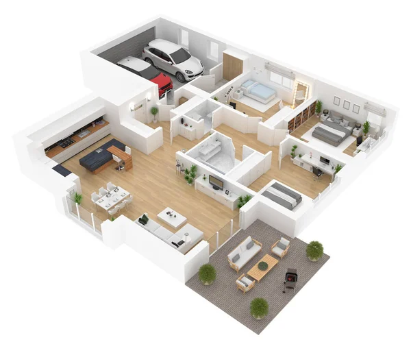 Plano Vista Superior Apartamento Interior Aislado Sobre Fondo Blanco Renderizado —  Fotos de Stock