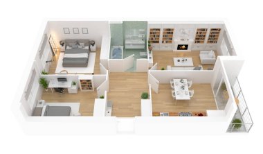 Kat planı üstten görünüm. Beyaz arka plan üzerinde izole daire iç. 3D render