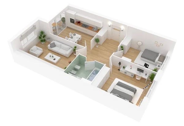 Planritning Ovanifrån Lägenhet Interiör Isolerad Vit Bakgrund Render — Stockfoto