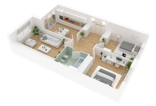 Kat planı üstten görünüm. Beyaz arka plan üzerinde izole daire iç. 3D render