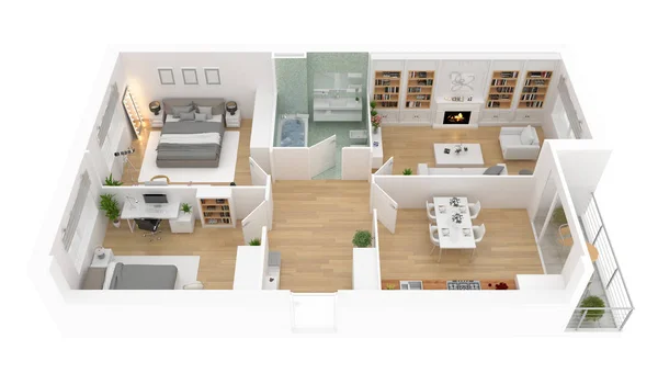 Plano Vista Superior Apartamento Interior Aislado Sobre Fondo Blanco Renderizado — Foto de Stock
