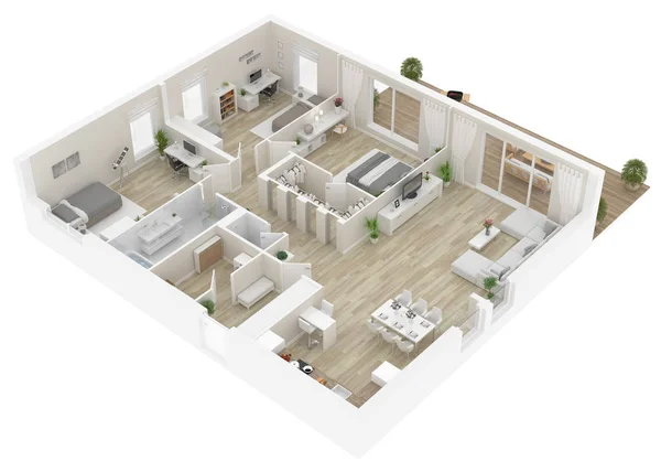 Vista Superior Plano Chão Apartamento Interior Isolado Sobre Fundo Branco — Fotografia de Stock