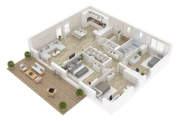 Kat planı üstten görünüm. Beyaz arka plan üzerinde izole daire iç. 3D render