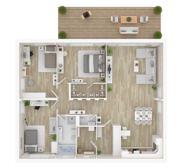 Plano Vista Superior Apartamento Interior Aislado Sobre Fondo Blanco Renderizado — Foto de Stock