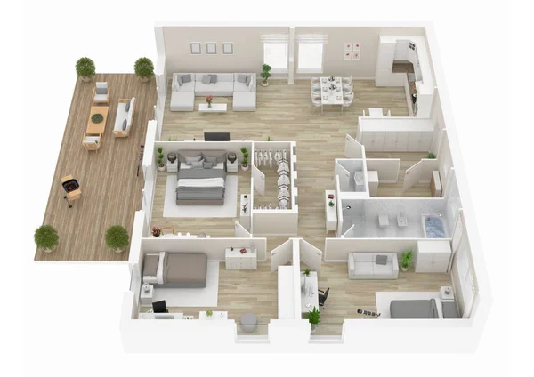 Bovenaanzicht Van Plattegrond Appartement Interieur Geïsoleerd Een Witte Achtergrond Render — Stockfoto