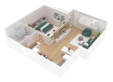 Kat planı üstten görünüm. Beyaz arka plan üzerinde izole daire iç. 3D render