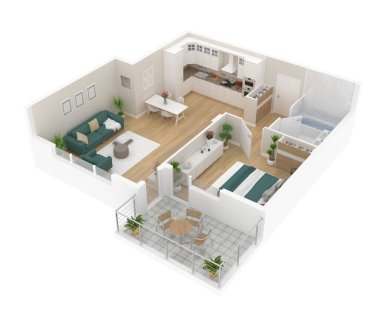 Kat planı üstten görünüm. Beyaz arka plan üzerinde izole daire iç. 3D render