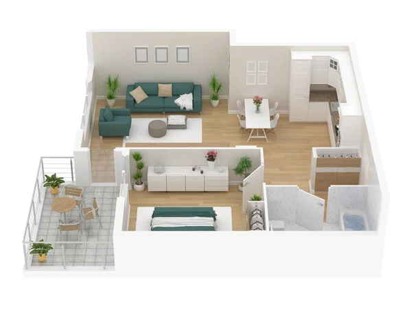 Plan Étage Vue Dessus Appartement Intérieur Isolé Sur Fond Blanc — Photo