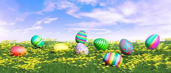 Uova Pasqua Fioritura Prato Illustrazione — Foto Stock