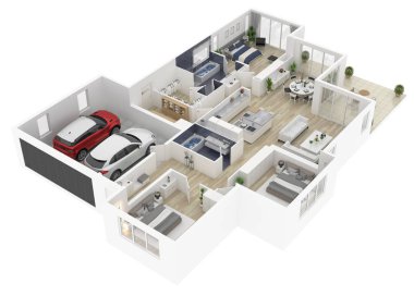 3d boyut üst görünüm bir ev planı. Açık kavramı yaşayan ev düzeni