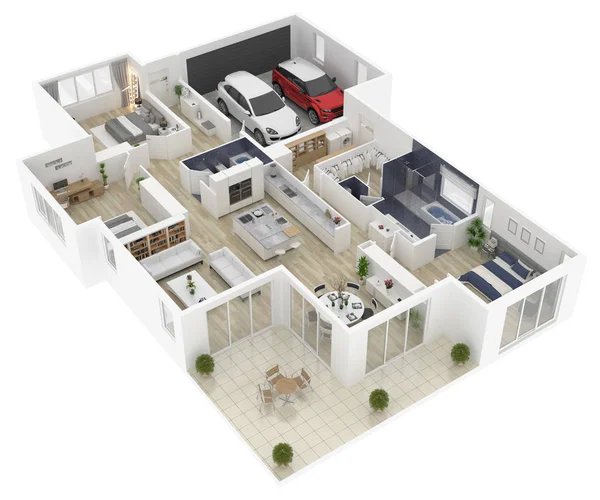 房子的平面图顶部视图3D 开放式概念住宅布局 — 图库照片
