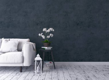 Rustik oturma odası kanepe, Şamdan, orkide, eski dışkı ve siyah duvar 3d render