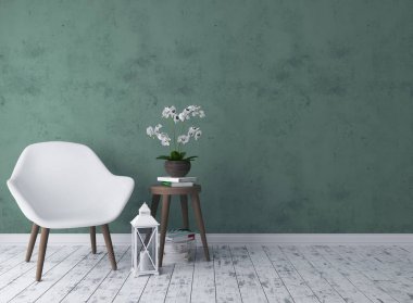 Rustik salon sandalye, Şamdan, orkide ve eski dışkı 3d render