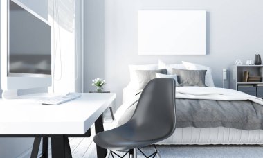 Beyaz yatak odası, 3d çizim posterdeki kadar alay