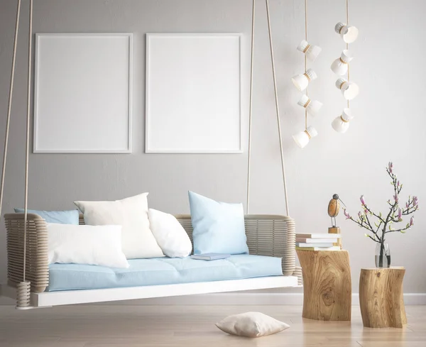 Mock Verlichte Wissellijst Hipster Interieur Achtergrond Scandinavische Stijl Render — Stockfoto