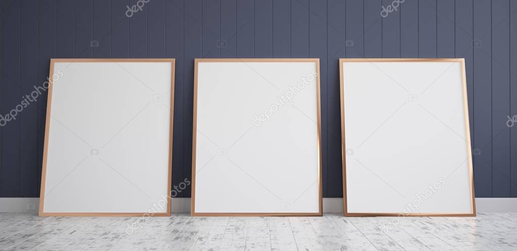 Three Frames with Poster Mockup standing on the wooden floor. 3D render