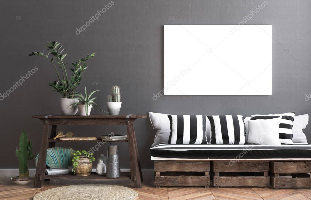 Mock up poster frame in hipster interior background, living on boxes concept, 3D render