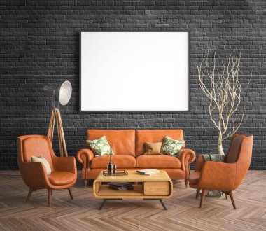 poster çerçevesi içinde yenilikçi iç geçmiş, 3d render kadar alay