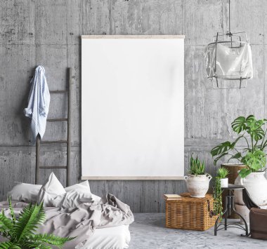 Poster çerçevesi içinde hipster yatak odası iç geçmiş, 3d render kadar alay