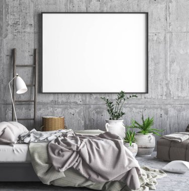 Poster çerçevesi içinde hipster yatak odası iç geçmiş, 3d render kadar alay