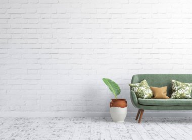 Oturma odası iç beyaz tuğla duvar arka plan, 3d sahte yeşil kanepeye ile render