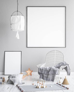 Çocuk Odası, İskandinav tarzı iç arka plan, 3d render afiş çerçeve yukarı alay
