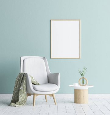 Sahte oturma odasında poster çerçevesi kadar arka plan, İskandinav tarzı iç, 3d render
