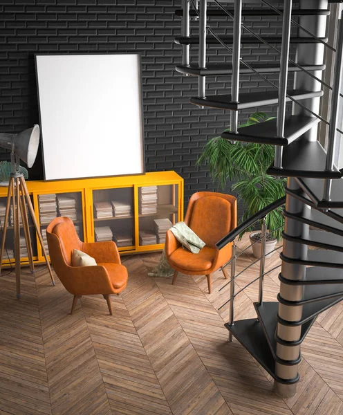 Bespotten Van Verlichte Wissellijst Hipster Interieur Achtergrond Render — Stockfoto