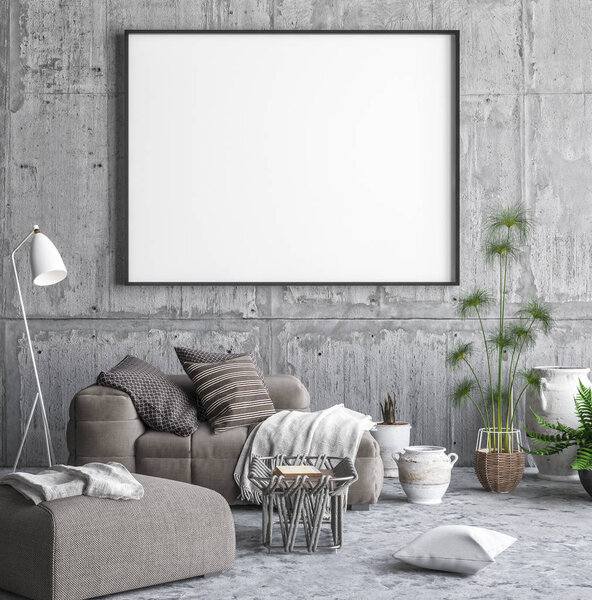Mock up poster frame in hipster interior background, 3D render