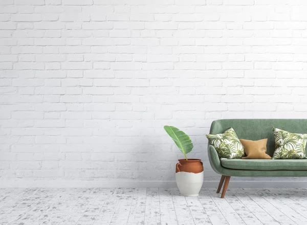 Εσωτερικό Σαλόνι Πράσινο Καναπέ Λευκό Τοίχο Ομοίωμα Φόντο Καθιστούν — Φωτογραφία Αρχείου