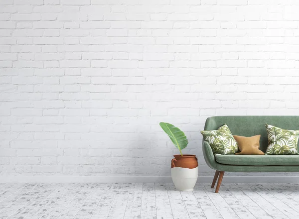 Oturma odası iç beyaz tuğla duvar arka plan, 3d sahte yeşil kanepeye ile render