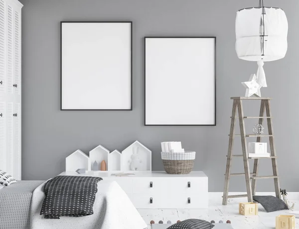Mock Poster Frame Children Room Scandinavian Style Interior Background Render — Stock Photo, Image