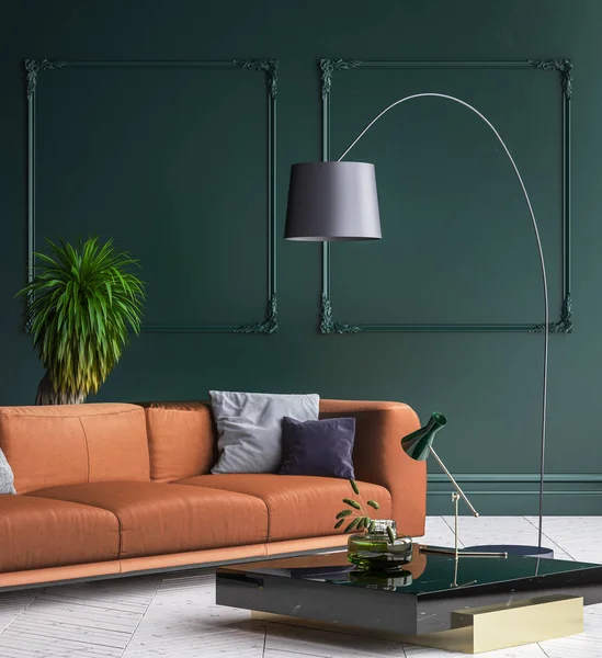 Luxo Moderno Verde Escuro Sala Estar Interior Com Piso Parquet — Fotografia de Stock
