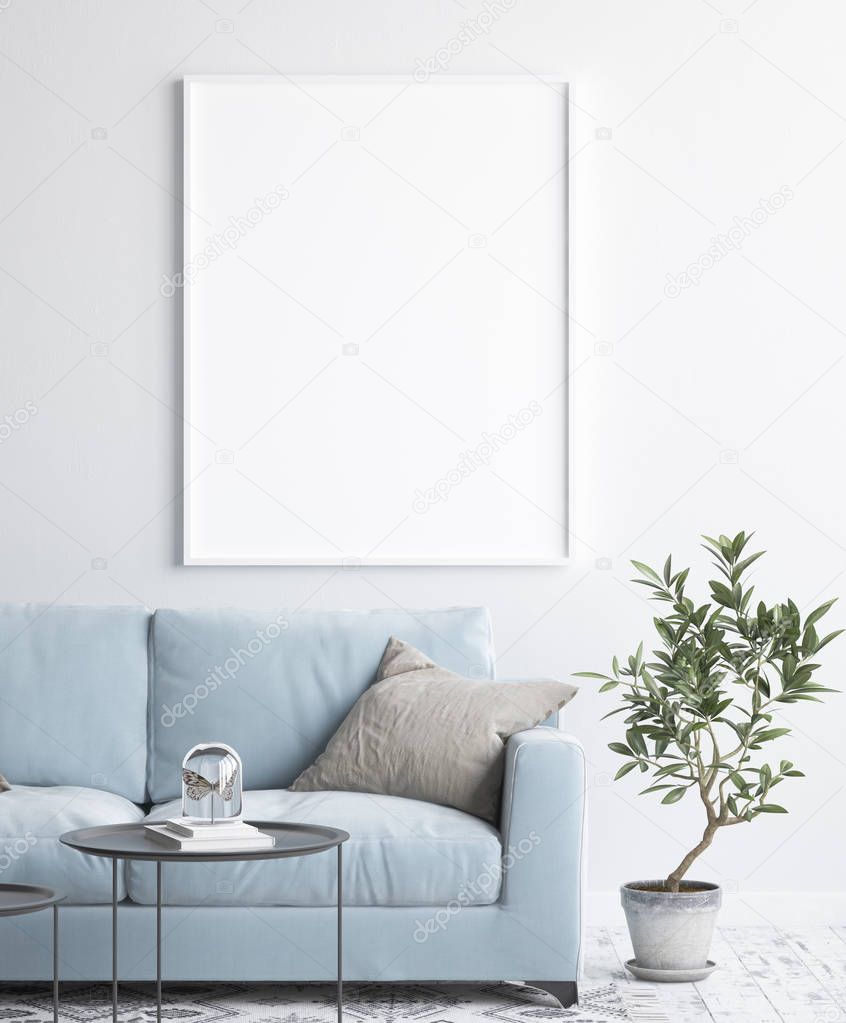 Mock up poster frame in interior background, scandinavian style, 3D render