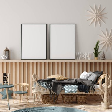 Yeni yıl için dekore edilmiş çocuk odasındaki poster çerçevesini düzenle, 3D görüntüle