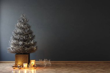 Siyah odanın içindeki Noel ağacı, 3D görüntüleme