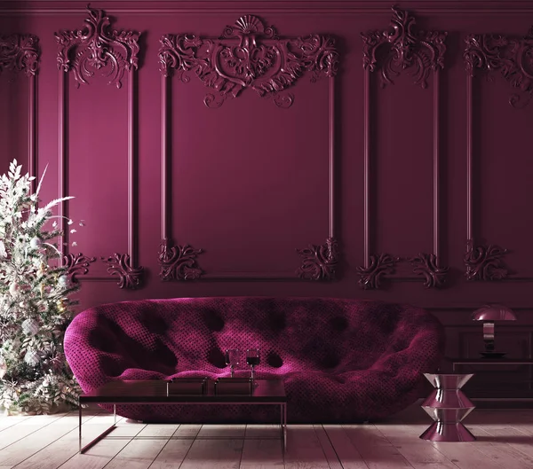 クリスマスツリーとソファ付き居心地の良い家のインテリア クラシックスタイル 紫の色のインテリア 3Dレンダリング — ストック写真