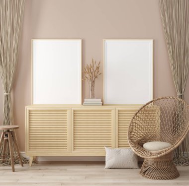 Mock up frame in home interior background, warm beige room with natural wooden furniture, Scandinavian style, 3d render clipart