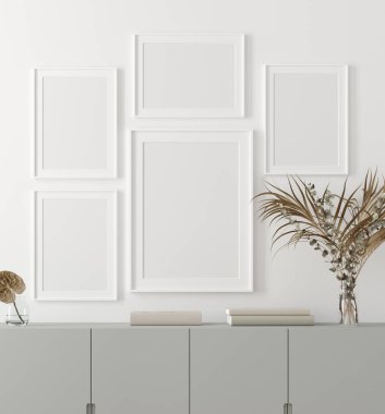 Duvarın yanında duran bitkilerin ve çekmecelerin olduğu sahte poster çerçevesi, İskandinav tarzı, 3 boyutlu.