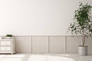 Ev içi arka plan, hasır mobilyalı bej oda, İskandinav tarzı, 3D görüntü.