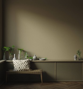 Duvar, çerçeve koyu minimalist iç mekan ile modellenir. Yakın plan, 3D görüntüleme.