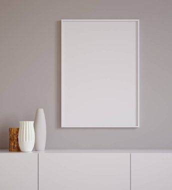 Poster, çekmecelerin üstündeki vazolarla, minimalist tasarım, 3D görüntüleme ile yakın plan.